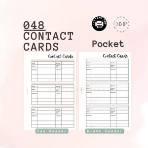 May include: Printable contact card template with two different header options: one with a tan background and one with a blank white background. The template includes fields for name, email, phone, and additional details.