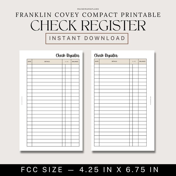 Check Register Insert FCC Printable Monthly Finance Tracker in Franklin Covey Compact Size Planner Printable Instant PDF Download