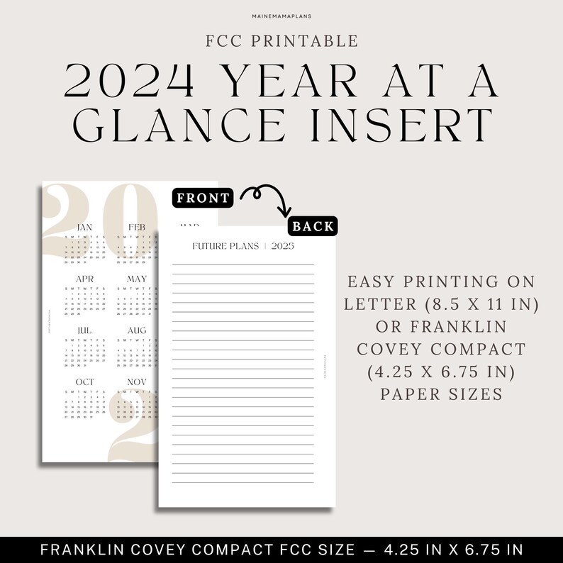 FCC 2024 Yearly Calendar Insert Printable Franklin Covey Compact Rings