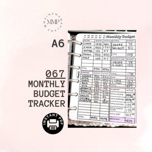 Może przedstawiać: Drukowany miesięczny tracker budżetu w czarno-białym designie. Drukowany zawiera sekcje dla dochodów, wydatków, oszczędności i funduszy oszczędnościowych. Drukowany jest oznaczony jako "Miesięczny budżet" i ma całkowity dochód w wysokości 3 996,00 € i całkowite wydatki w wysokości 4 998,00 €.