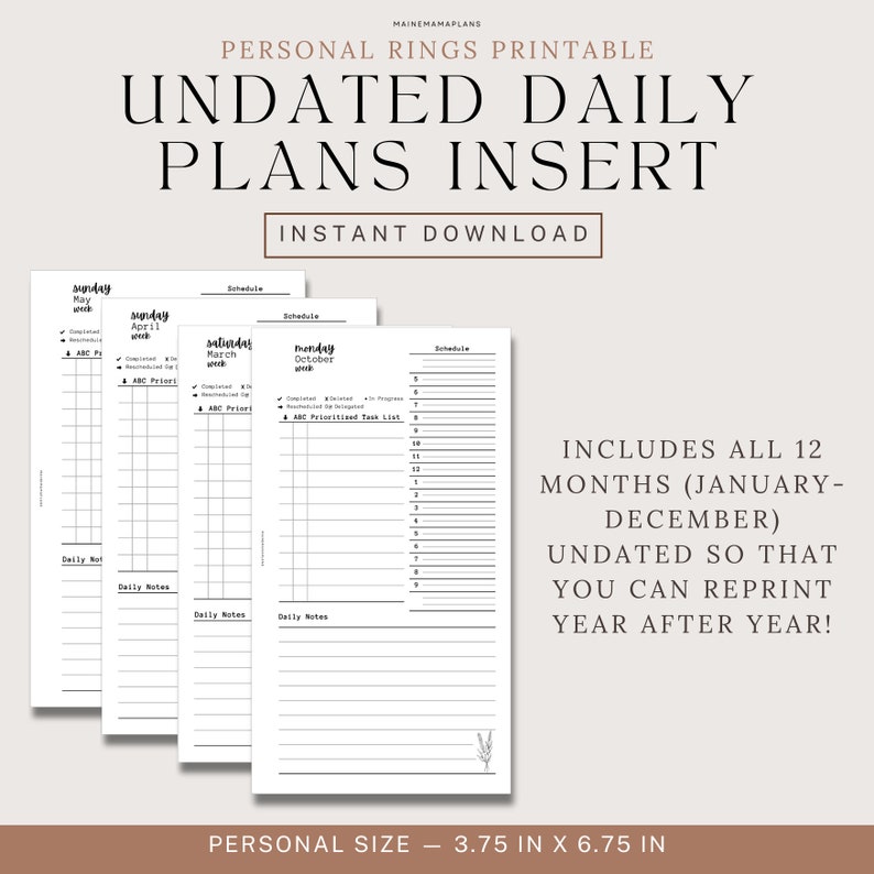 Personal Ring UNDATED Daily Insert Printable Day on 1 page DO1P Planner Insert Printable Personal Planner Inserts Pdf Download for Planners image 3