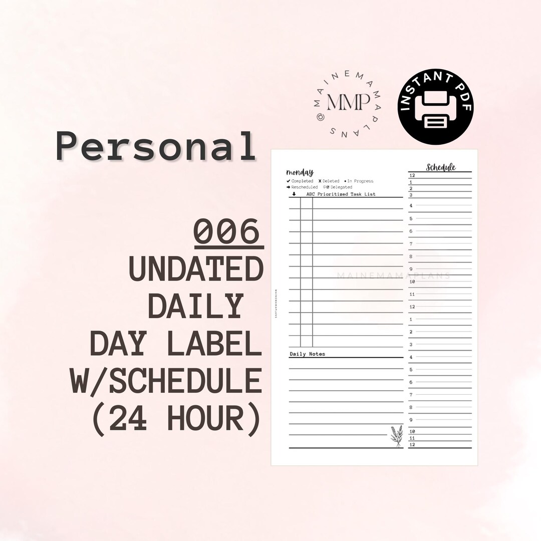006 - Personal: UNDATED Daily Label W/schedule (24 Hour) Printable ...