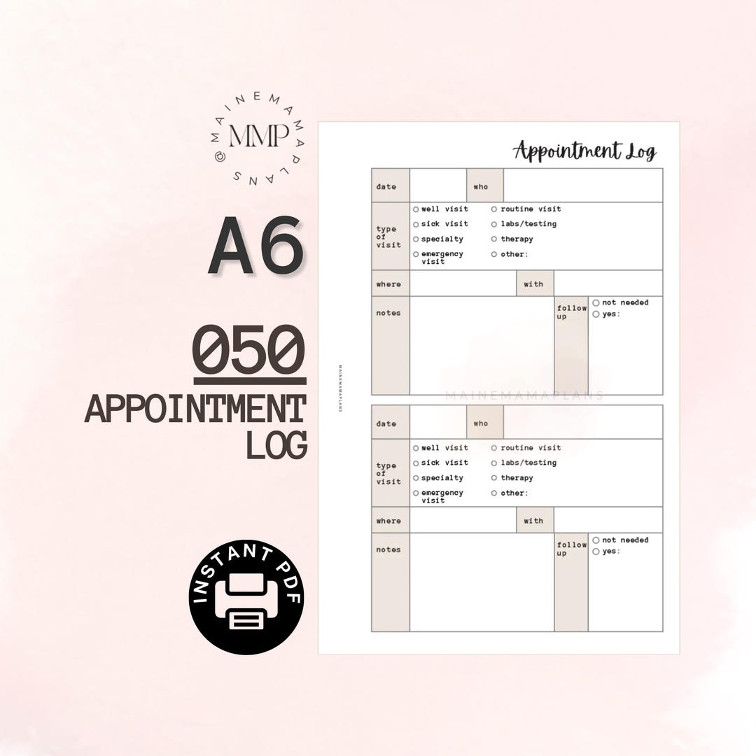 050 - A6: Appointment Log Insert Instant PDF Printable Download Doctor ...