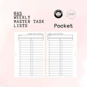 May include: Printable weekly master task list template in black and white. The template has two columns with the heading "weekly master task lists" and "Focus" at the top of each column. The template is designed for pocket-sized planners.