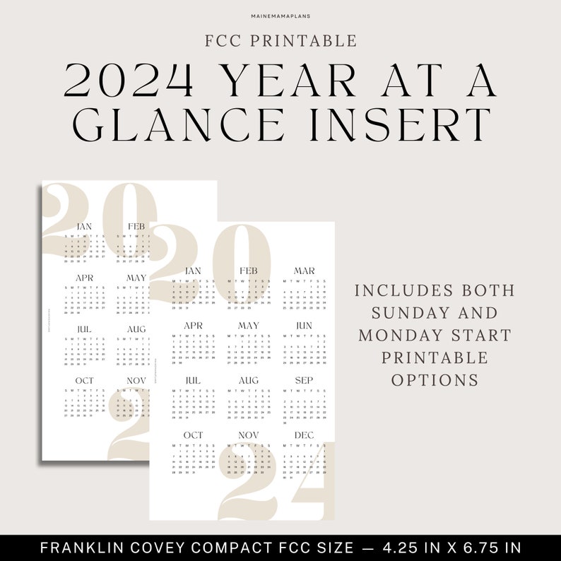 FCC 2024 Yearly Calendar Insert Printable Franklin Covey Compact Rings