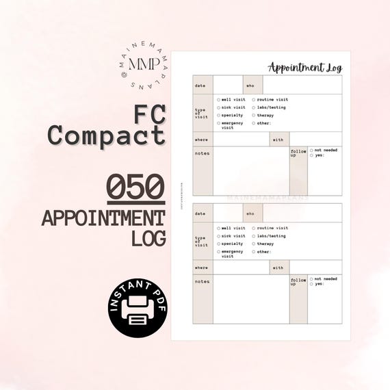 050 - FC Compact: Appointment Log Insert Instant PDF Printable Download Doctor Kids Address Book Sick fcc Ring Medical Info Important