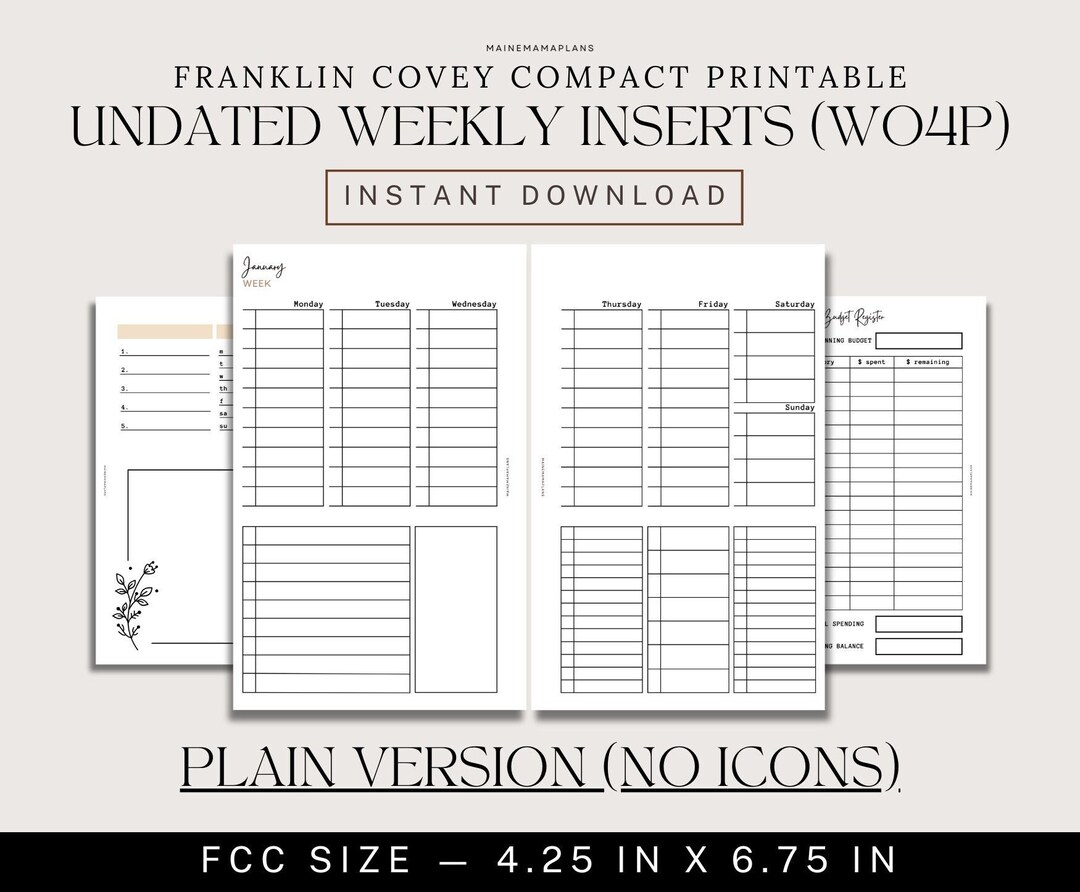 Undated Week on 4 Pages plain Version for Franklin Covey Compact Rings
