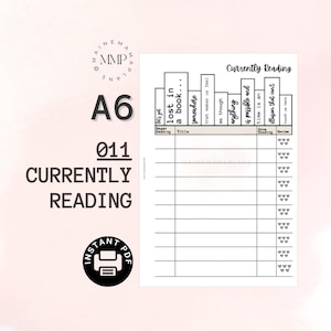 May include: A printable A6 sized checklist for tracking books currently being read. The checklist has columns for the book title, when reading began, when reading was finished, and a review section.