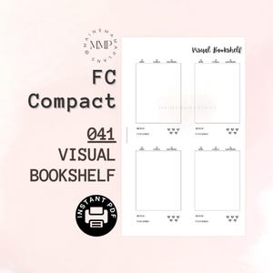 May include: A printable visual bookshelf tracker with four sections for books, kindle books, audiobooks, and a space for notes. The tracker has a black and white design with the text "Visual Bookshelf" at the top and "Begin" and "Finished" labels at the bottom of each section.