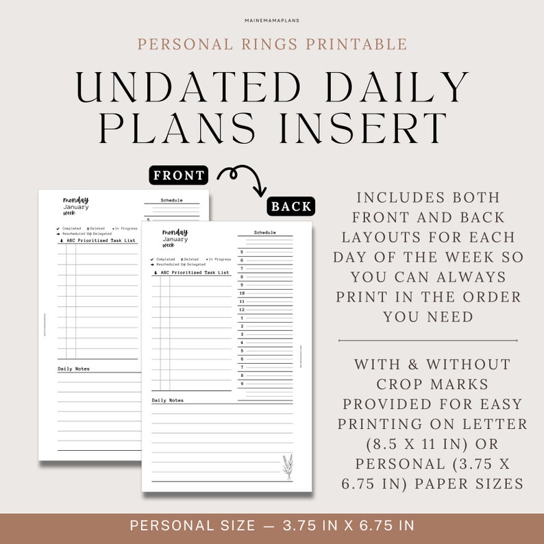 Personal Ring UNDATED Daily Insert Printable Day on 1 page DO1P Planner Insert Printable Personal Planner Inserts Pdf Download for Planners image 2