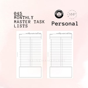 May include: Two printable monthly master task list templates. Each template has a section for "Focus" and a large area for listing tasks. The templates are designed for personal use.