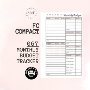May include: A printable monthly budget tracker with sections for income, expenses, savings, sinking funds, and debt. The tracker is designed in a compact format with a black and white color scheme.