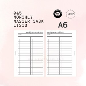 May include: A printable A6 size monthly master task list with two columns. The printable has the text "monthly master task lists" and "focus" at the top of each column.