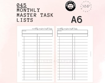 May include: A printable A6 size monthly master task list with two columns. The printable has the text "monthly master task lists" and "focus" at the top of each column.