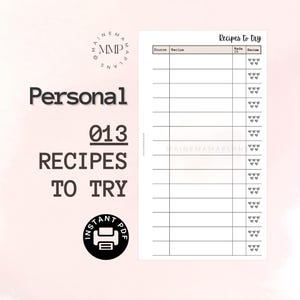 013 - Personal: Recipes to Try Insert Instant PDF Printable Recipe Ideas Tracker Printable List Insert Personal Rings Cooking Planner Insert