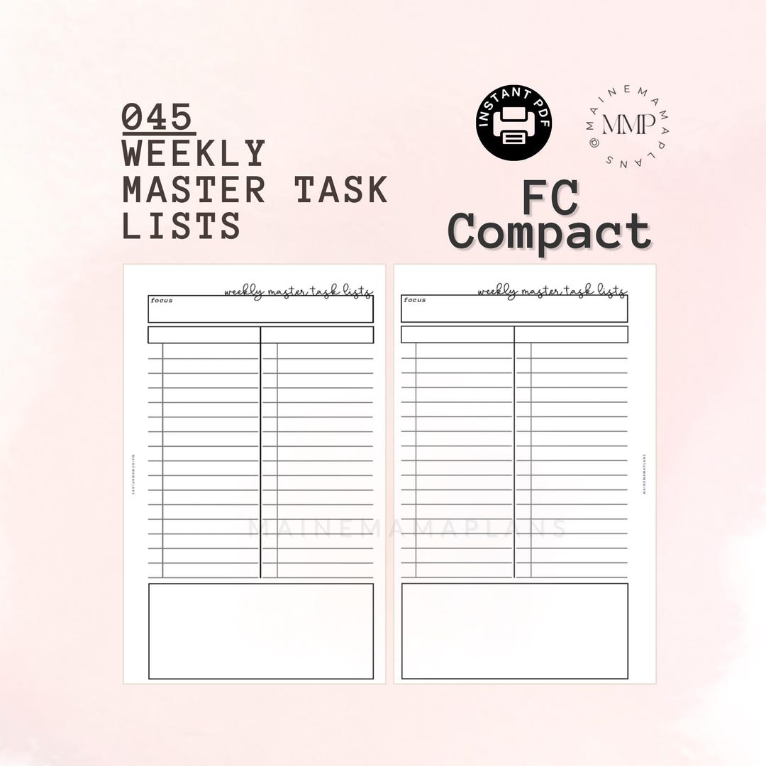 Master Task Week 045 - FC Compact: Weekly Master Task List Insert Instant PDF Printable ...