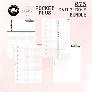 May include: A printable daily planner with a gridded page, a lined page, and a blank page. The planner has the words "today" and "top priorities" printed on it. The planner is part of a bundle called "Pocket Plus Daily D01P Bundle".