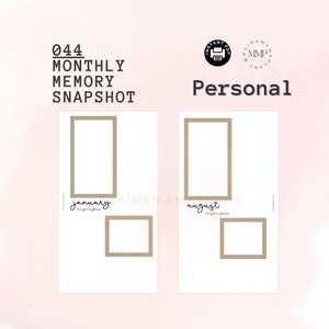 Könnte beinhalten: Zwei druckbare monatliche Erinnerungs-Snapshot-Vorlagen mit braunem Rand. Die erste Vorlage ist für Januar und die zweite für August. Jede Vorlage hat ein großes Rechteck für ein Foto und ein kleineres Rechteck zum Schreiben von Highlights.