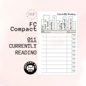 May include: A printable black and white reading tracker with the title "Currently Reading" and a list of book titles and categories. The tracker is designed to help people keep track of their reading progress.