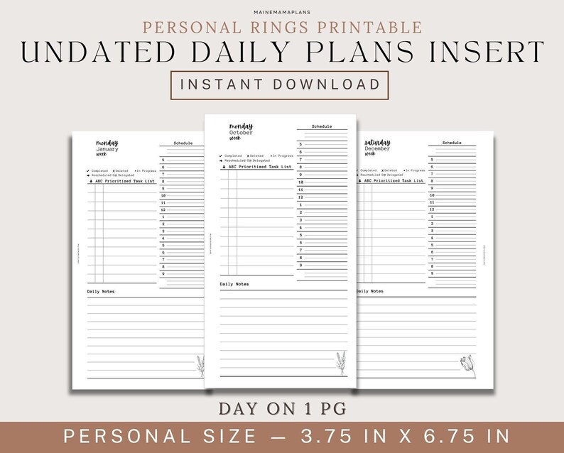 Personal Ring UNDATED Daily Insert Printable Day on 1 page DO1P Planner Insert Printable Personal Planner Inserts Pdf Download for Planners image 1