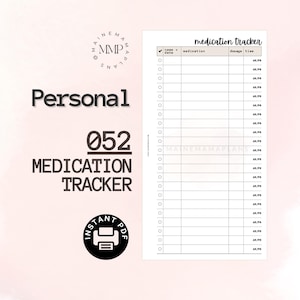 May include: A printable medication tracker with a white background and black text. The tracker has columns for name, date, medication, dosage, and time. The text "medication tracker" is at the top of the page.