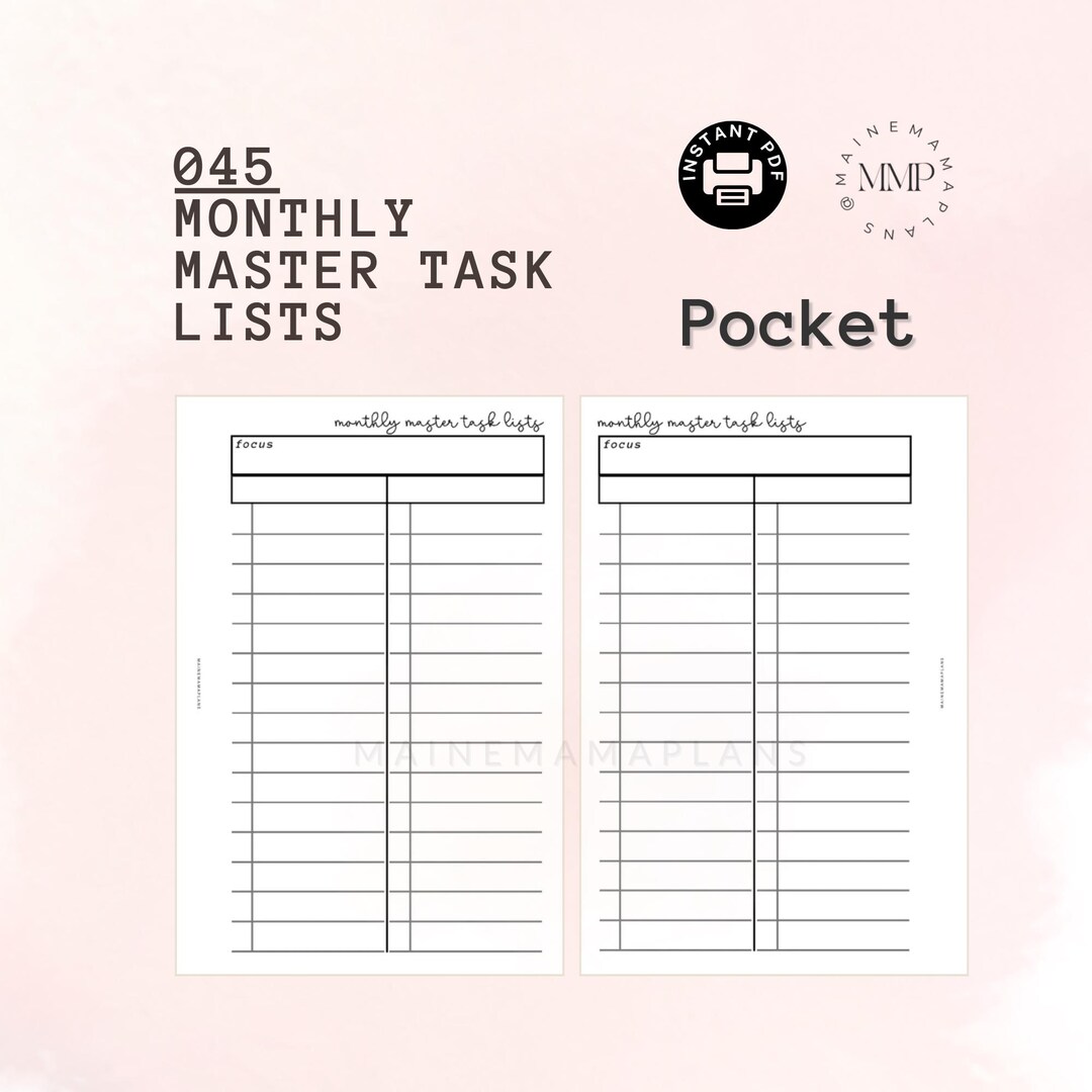 045 - Pocket: Monthly Master Task List Insert Instant PDF Printable ...