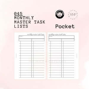 May include: Printable monthly master task list planner in black and white. The planner has two columns with the heading "monthly master task lists" and "focus".