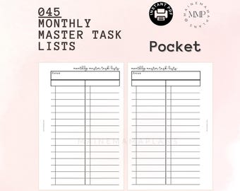 May include: Printable monthly master task list planner in black and white. The planner has two columns with the heading "monthly master task lists" and "focus".