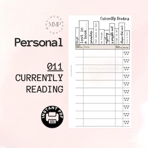 Może przedstawiać: Drukowalna strona planera w kolorze czarno-białym z tytułem "Currently Reading". Strona zawiera kolumny dla tytułu książki, autora, daty rozpoczęcia czytania, daty zakończenia czytania oraz system oceniania za pomocą serc.
