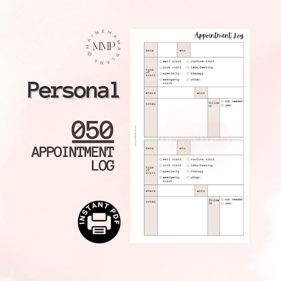 050 - Personal: Appointment Log Insert Instant PDF Printable Download Doctor Kids Address Book Sick Personal Ring Medical Info Important