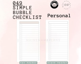 049 - Personal: Simple Bubble Checklist Insert Instant PDF Printable Download To Do Grocery List Notes List Insert Personal Rings Inbox GTD