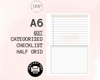 037 - A6: Categorized Checklist Half Grid Insert Instant PDF Printable Download Grid Notes Printable List A6 Rings Inbox To Do List
