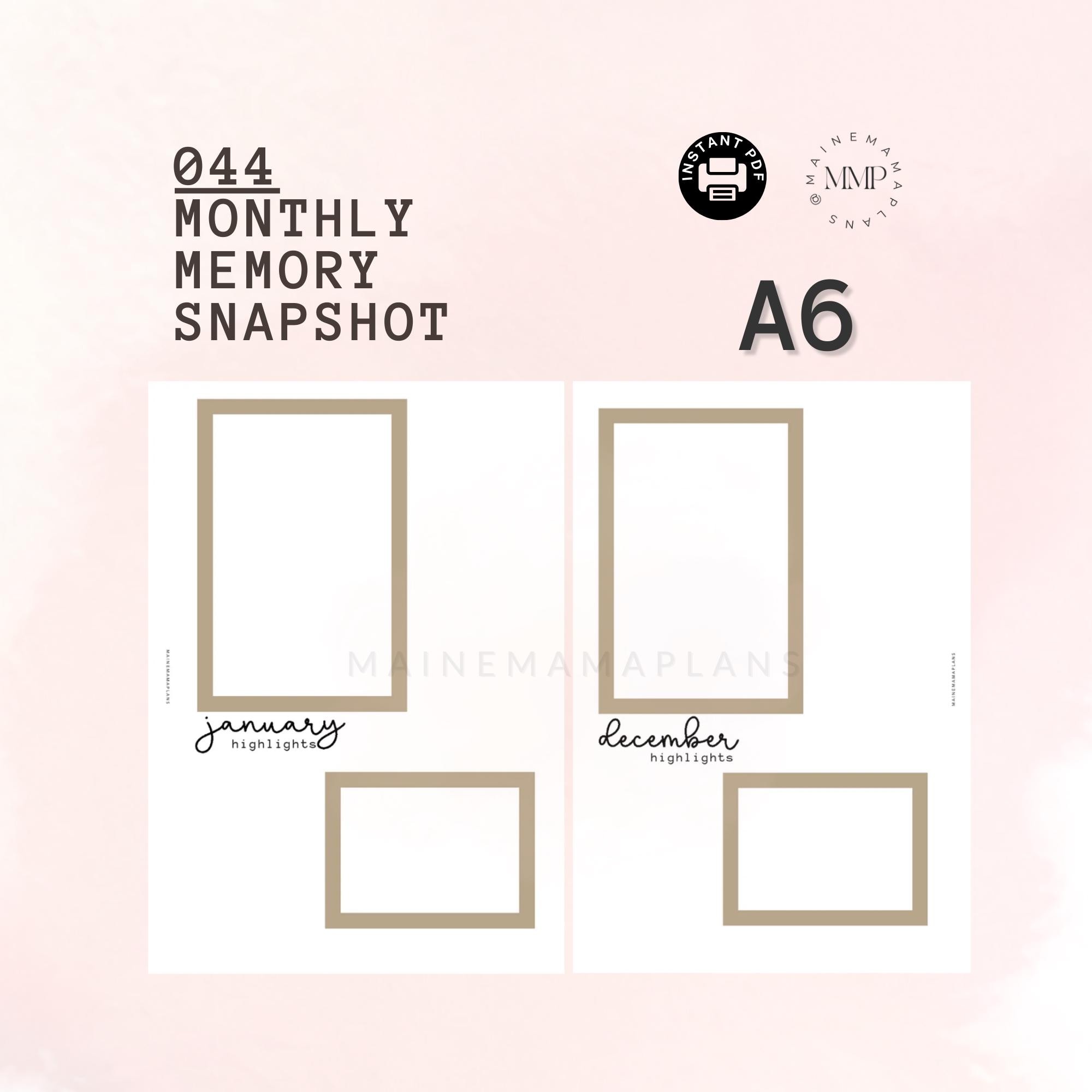 044 - A6: Monthly Memory Snapshot Insert Instant PDF Printable Download ...