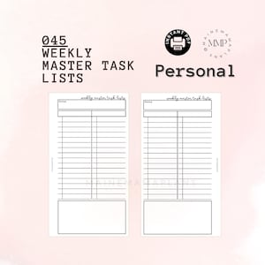 May include: Two printable weekly master task lists with a focus area at the top and a large blank space at the bottom. The text "weekly master task lists" is at the top of each list.