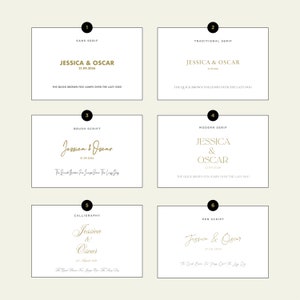 Puede incluir: Seis dise&ntilde;os diferentes de invitaciones de boda con los nombres Jessica y Oscar y la fecha 21.09.2026. Los dise&ntilde;os incluyen sans serif, serif tradicional, escritura a mano, serif moderno, caligraf&iacute;a y escritura a pluma.