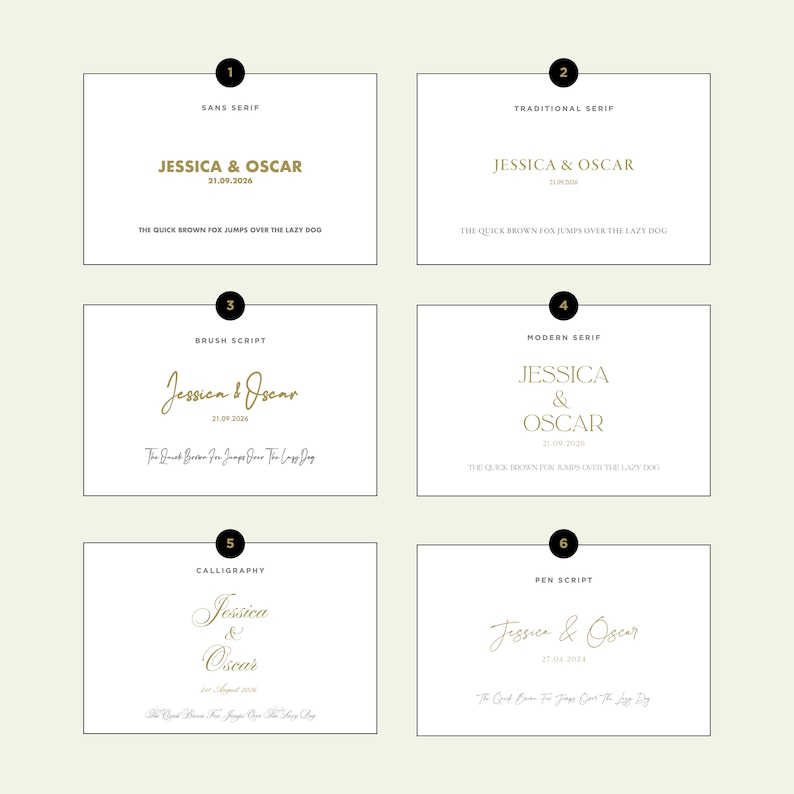 Puede incluir: Seis dise&ntilde;os diferentes de invitaciones de boda con los nombres Jessica y Oscar y la fecha 21.09.2026. Los dise&ntilde;os incluyen sans serif, serif tradicional, escritura a mano, serif moderno, caligraf&iacute;a y escritura a pluma.