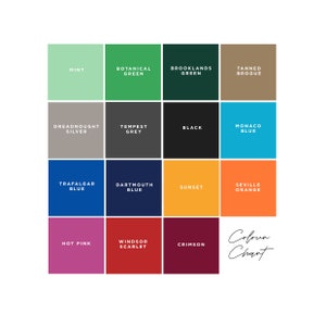 Pu&ograve; includere: Una tabella dei colori con sedici campioni di colore, ciascuno etichettato con un nome univoco. I colori includono menta, verde botanico, verde brooklands, brogue abbronzato, argento dreadnought, grigio tempesta, nero, blu Monaco, blu Trafalgar, blu Dartmouth, tramonto, arancione Siviglia, rosa acceso, scarlatto Windsor e cremisi. Le parole "Colour Chart" sono scritte in corsivo.