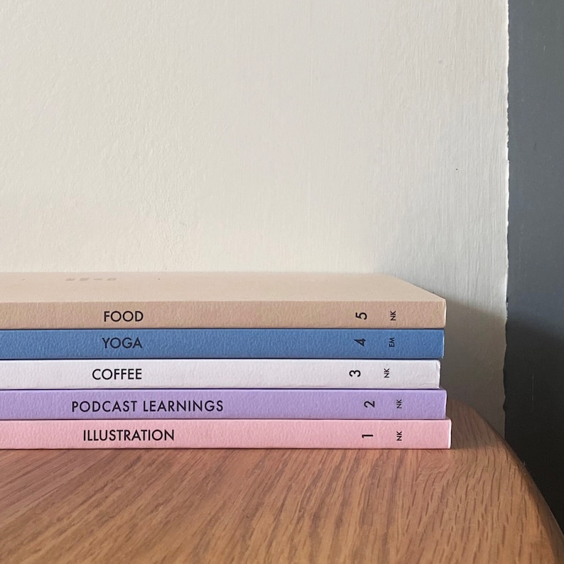 May include: A stack of five books with titles including "FOOD", "YOGA", "COFFEE", "PODCAST LEARNINGS", and "ILLUSTRATION". The books have pastel-colored spines in beige, blue, white, lavender, and pink. The books are stacked on a wooden surface.