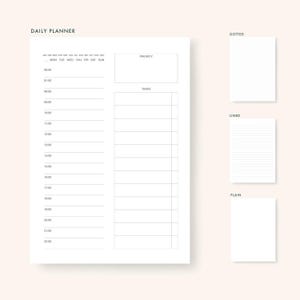 May include: A white daily planner with the text "DAILY PLANNER" at the top. The planner includes sections for time, priority, and tasks. Three smaller white notepads with dotted, lined, and plain pages are also shown.