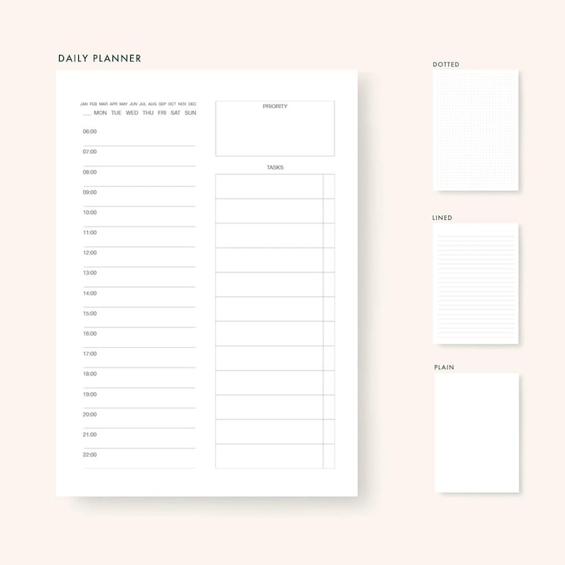 May include: A white daily planner with the text "DAILY PLANNER" at the top. The planner includes sections for time, priority, and tasks. Three smaller white notepads with dotted, lined, and plain pages are also shown.