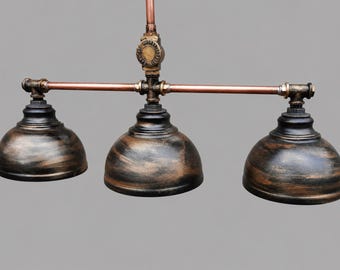Lámpara de araña industrial de tubería de cobre, lámpara colgante rústica para isla de cocina, iluminación para mesa de comedor de estilo rústico.