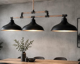 Lámpara industrial para mesa de billar con tuberías de cobre, estilo rústico de granja, ideal para islas de cocina o bares.