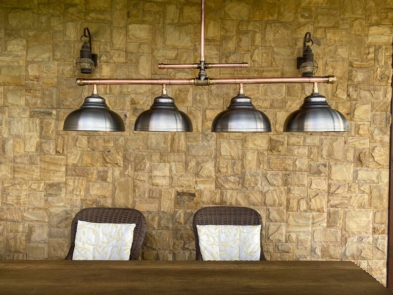 Copper Pipe Chandelier with Steel Shade - Rustic Industrial Lighting Bild 3