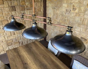 Rustic Industrial Pool Table Light, Farmhouse Billiard Ceiling Fixture, Loft Metal & Copper Lighting