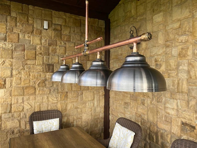Copper Pipe Chandelier with Steel Shade - Rustic Industrial Lighting Bild 8