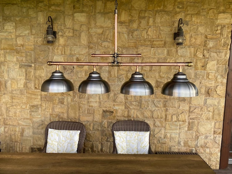 Copper Pipe Chandelier with Steel Shade - Rustic Industrial Lighting Bild 5