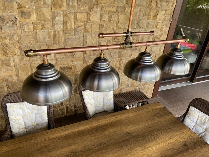 Copper Pipe Chandelier with Steel Shade - Rustic Industrial Lighting Bild 2