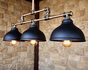 Industrial Pendant Light 3 Lamp  Kitchen Island Lighting  Rustic Black Metal Chandelier  Farmhouse Dining Light Fixture