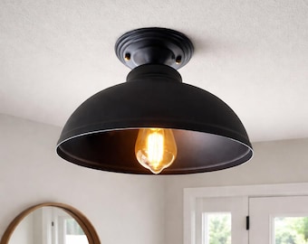Rustic Industrial Ceiling Light, Black Flush-Mount Fixture, Farmhouse Hallway Lighting, Edison Bulb.