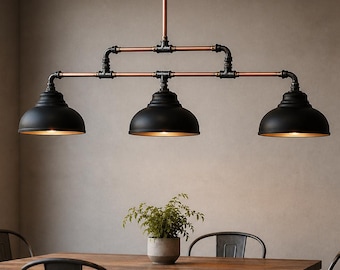 Industrial 3-Light Pendant Light, Farmhouse Kitchen Island Lighting, Rustic Pipe Chandelier, Black Metal Ceiling Fixture, Loft Lighting